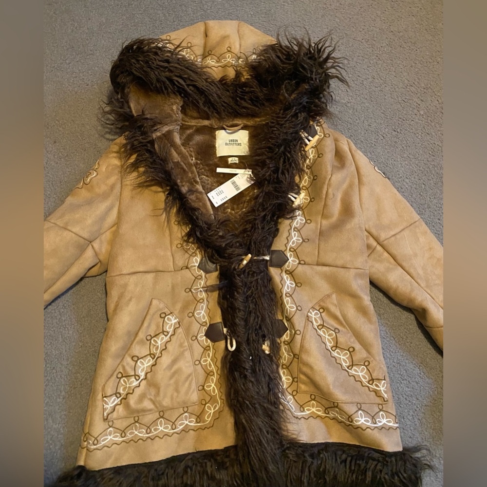 UO Embroidered Faux Fur Duffle Coat